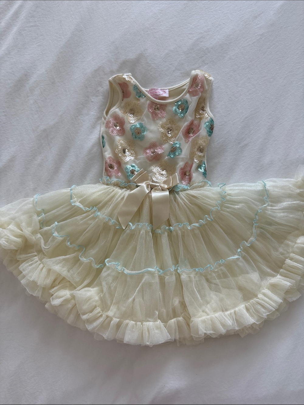 Popatu Cream Top with Pink and Aqua Sequin Flowers
